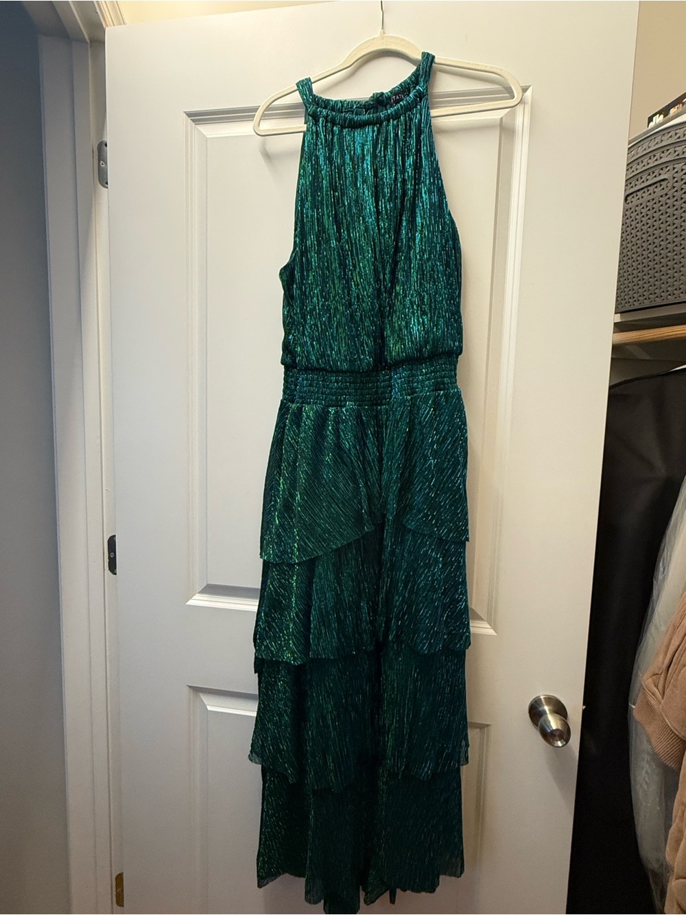 1. State Shimmering Emerald Green Halter Tiered Maxi Dress